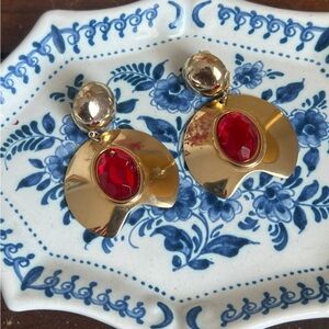 Vintage Gold and Red Contemporary Statement Earrings